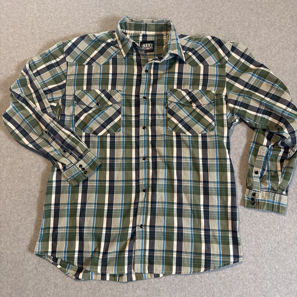VTG KEY WESTERN SHIRT MEN's Sz L Green PEARL SNAP BUTTON PLAID LONG SLEEVE